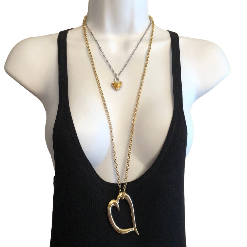 Bundle lot 2 heart pendants chain necklaces layered look romantic statement.